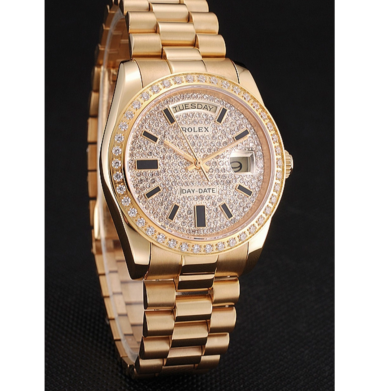 Aaa replica Bezel And And Date Rolex Dial Gold Pave Diamond Bracelet Case Day Swiss 0518